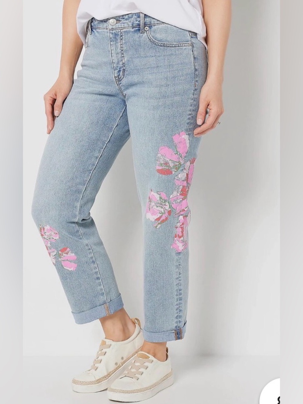 LOGO by Lori Goldstein Floral Print Jeans Size 8 Straight Leg Pink Rose